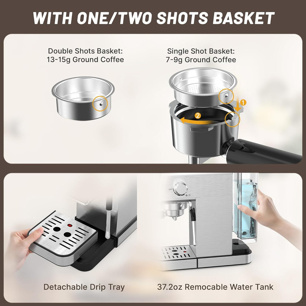20 Bar Espresso Machine, Semi-Automatic Espresso Machine with Milk Frother, Compact Espresso Coffee Maker For