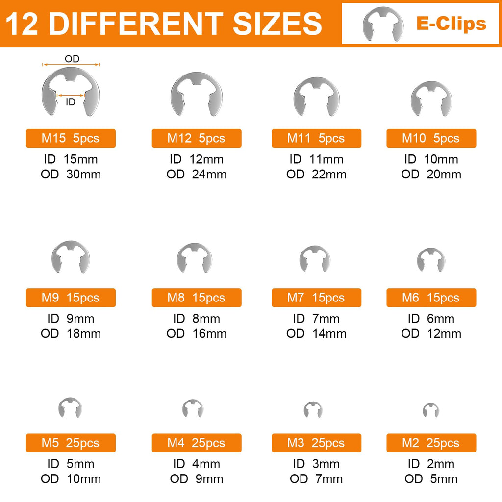 312Pcs Retaining Ring Kit with E-Clips (2.0-15mm) & C-Clips (M7-18) 304 SS