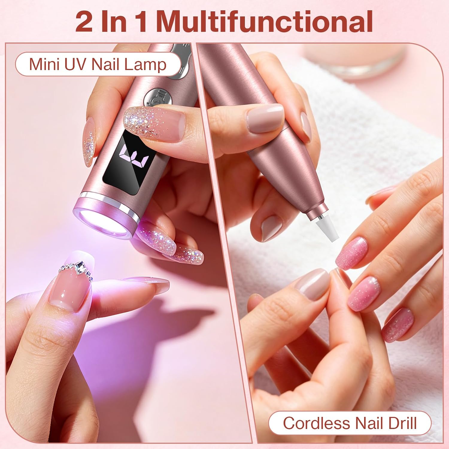 Cordless Electric Nail Drill with UV Light Lamp,Portable Nail File for Acrylic Gel Nails,LCD Display,12 Bits