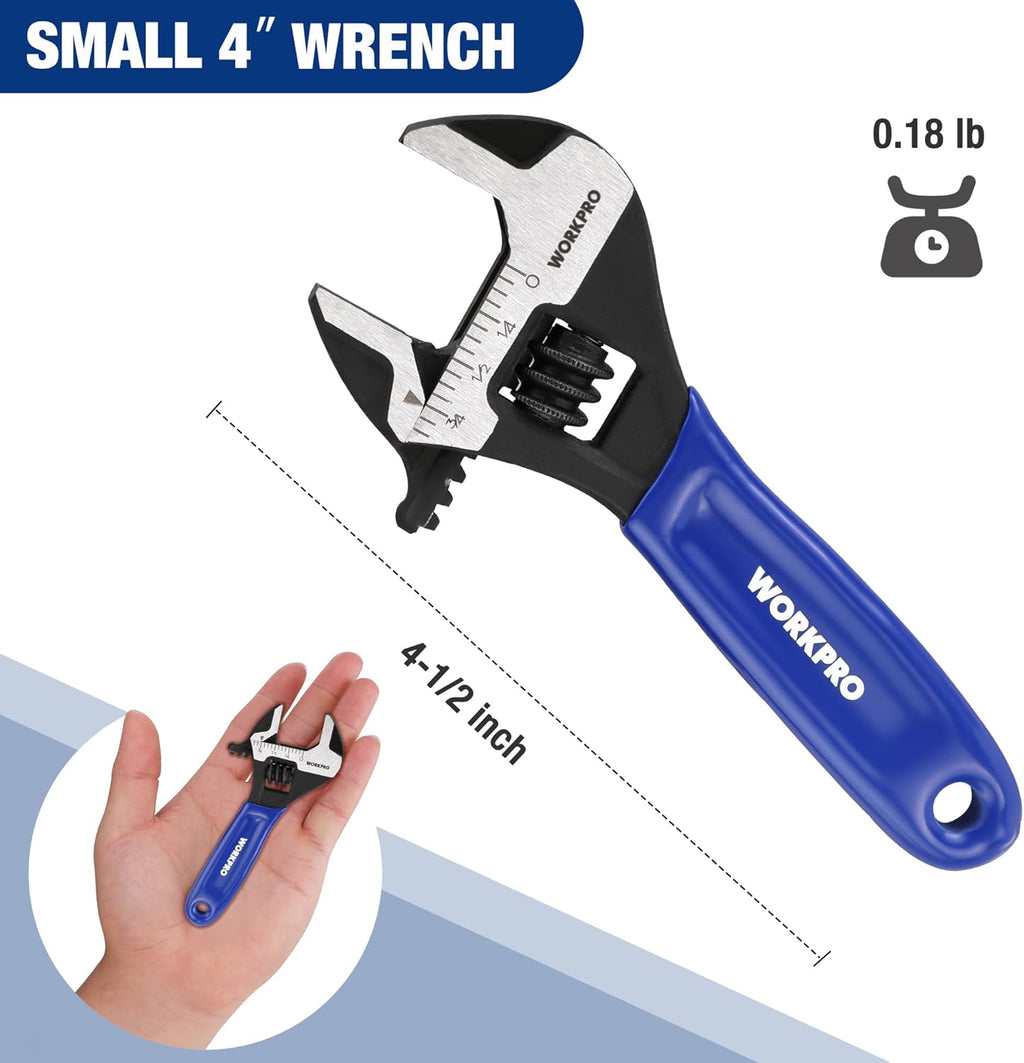 4-Inch Mini Adjustable Wrench, Cr-V Steel Wide Jaw Black Oxide Wrench for Small Nuts, Metric & SAE Scales