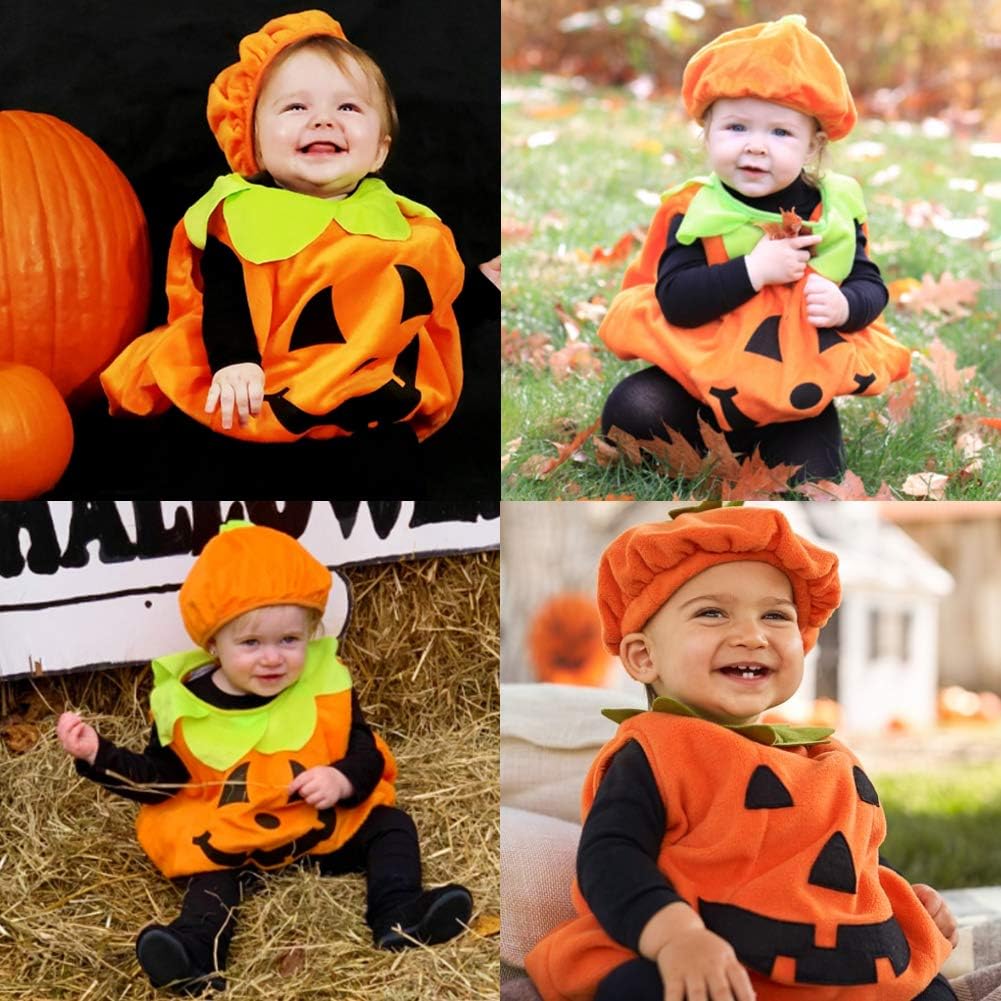 Halloween Pumpkin Costume Set, Infant Toddler Halloween Cosplay Cutie Plush Costume Party Favor with Baby Hat, Orange