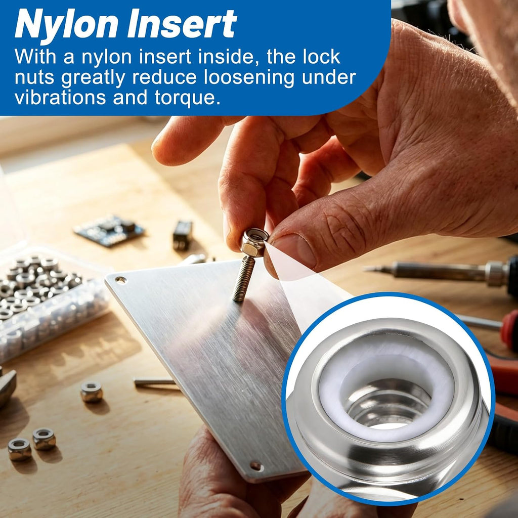 1/4"-20 Lock Nuts, 180Pcs Stainless Steel Hex Nylon Insert Locking nut
