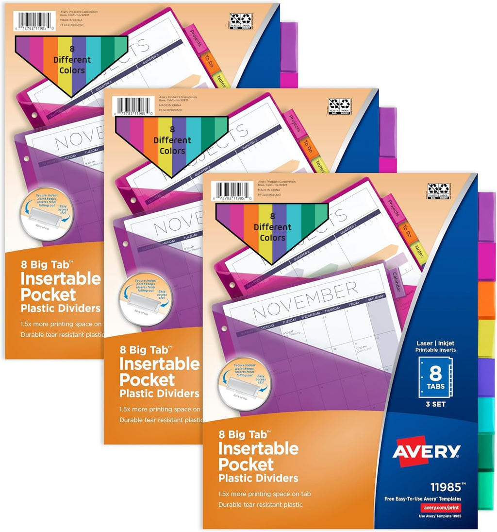 Insertable 8 Tabs Plastic Divider for 3 Ring Binders, One Pocket | 3 Sets of Durable Binder Dividers with 8 Colors