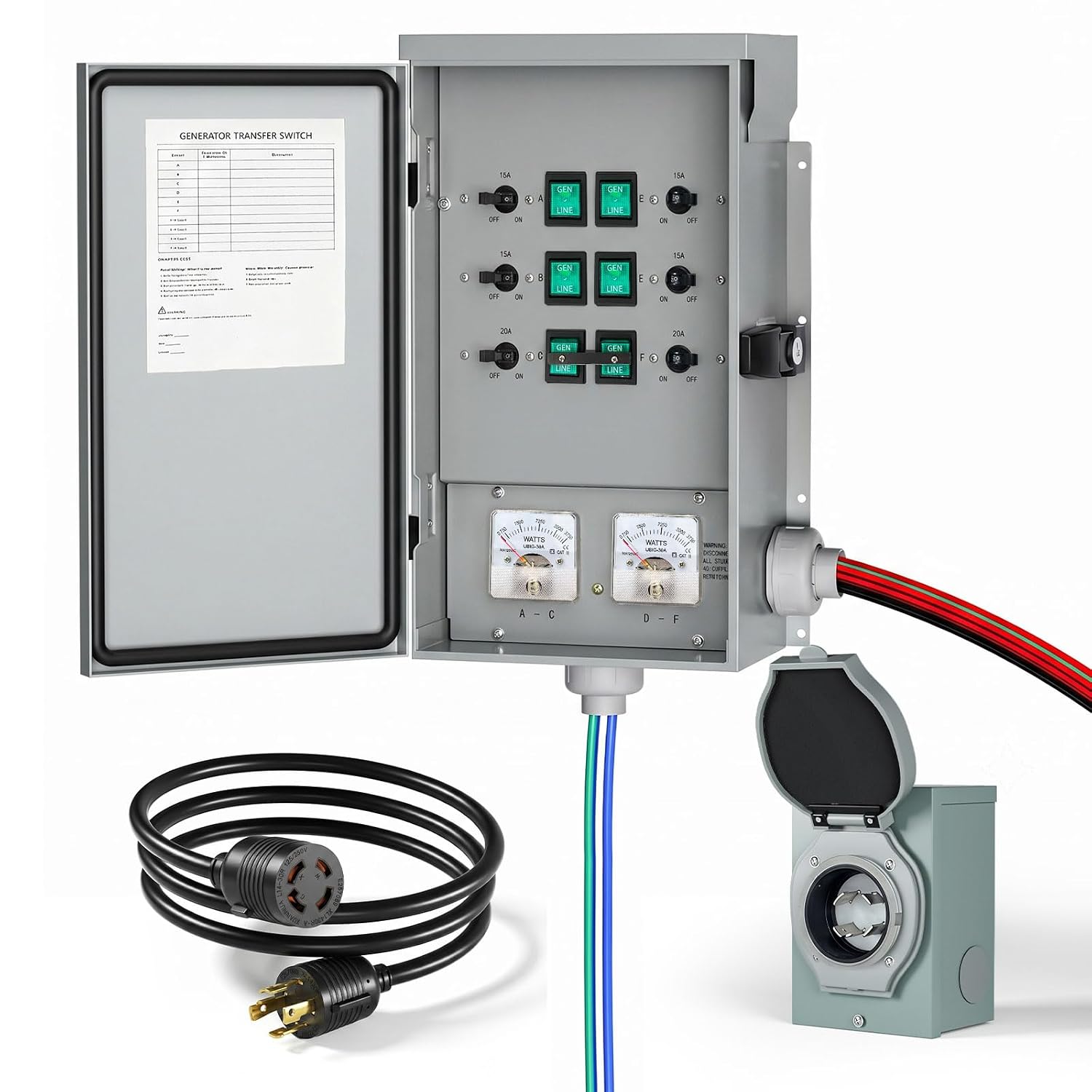 30Amp 6-Circuit Manual Generator Transfer Switch | Heavy Duty Transfer Switch Kit,L14-30 Power Inlet Box 10 Foot