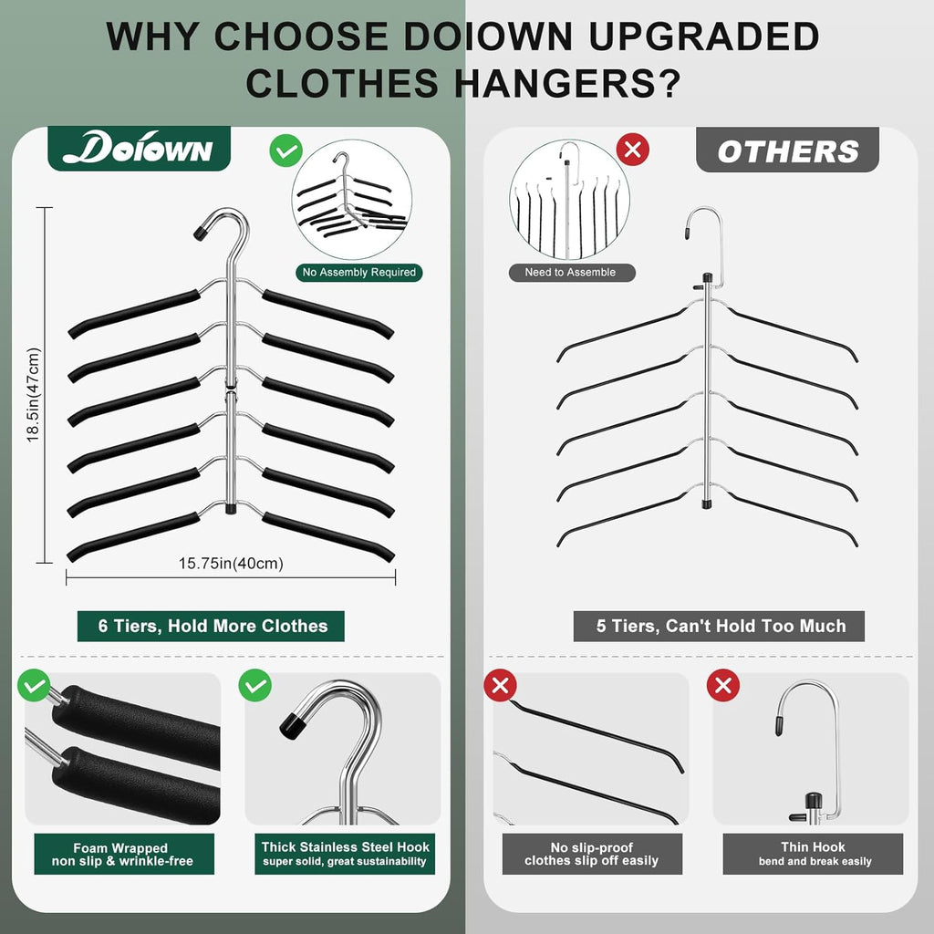 Space Saving 6 Tier Coat Hangers - Non Slip Foam Padded, Black Metal Sweater & T Shirt Hangers for Men & Women, 2