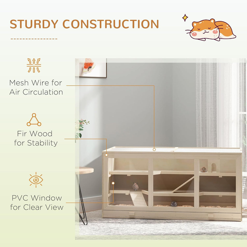 45" Extra Large Wooden Hamster Cage, 3-Layer Rat Cage with Opening Roof, PVC Window, Small Animal Habitat for Gerbil