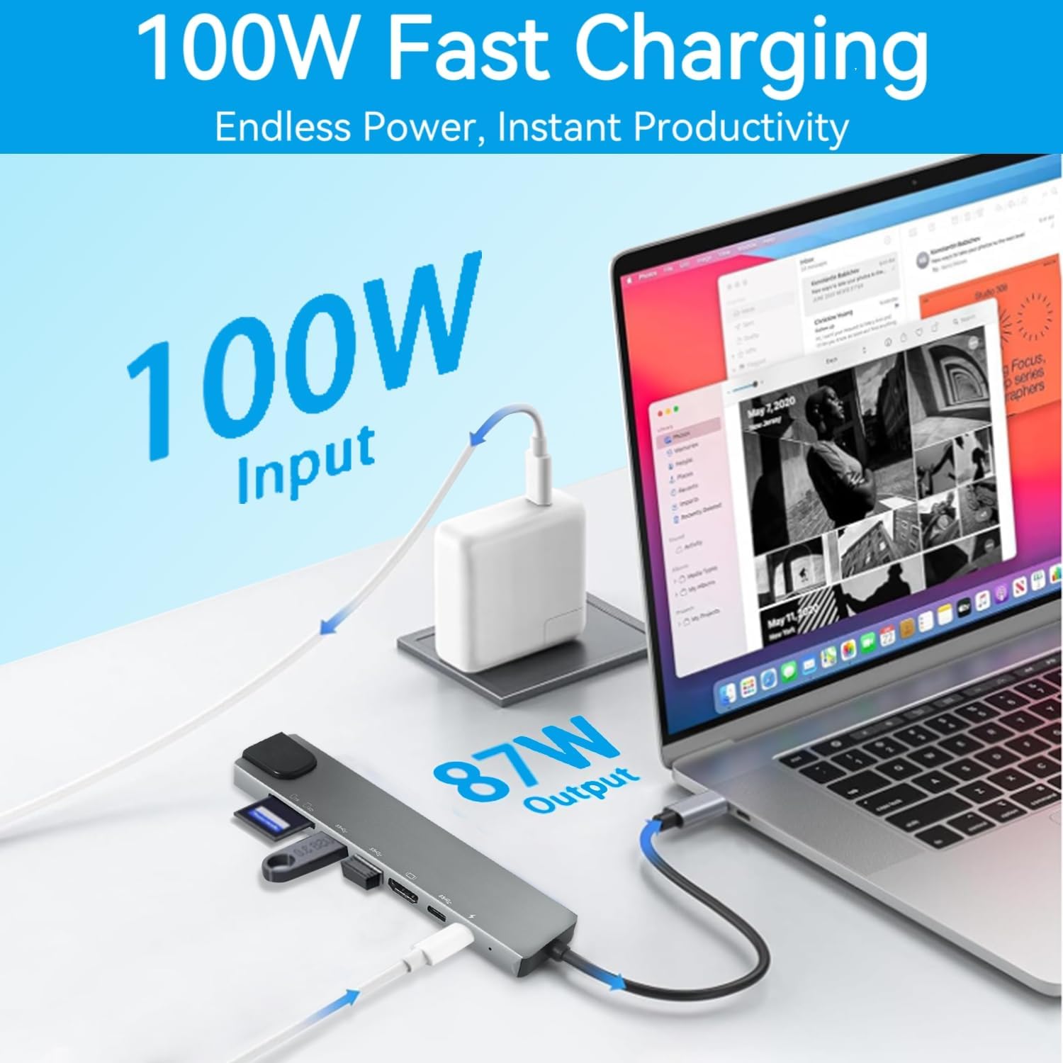USB C Hub Multiport Adapter, 8 in 1 USBC Dongle with 4K HDMI, RJ45 Ethernet, 100W PD Charging, USB 3.0, SD/TF Card