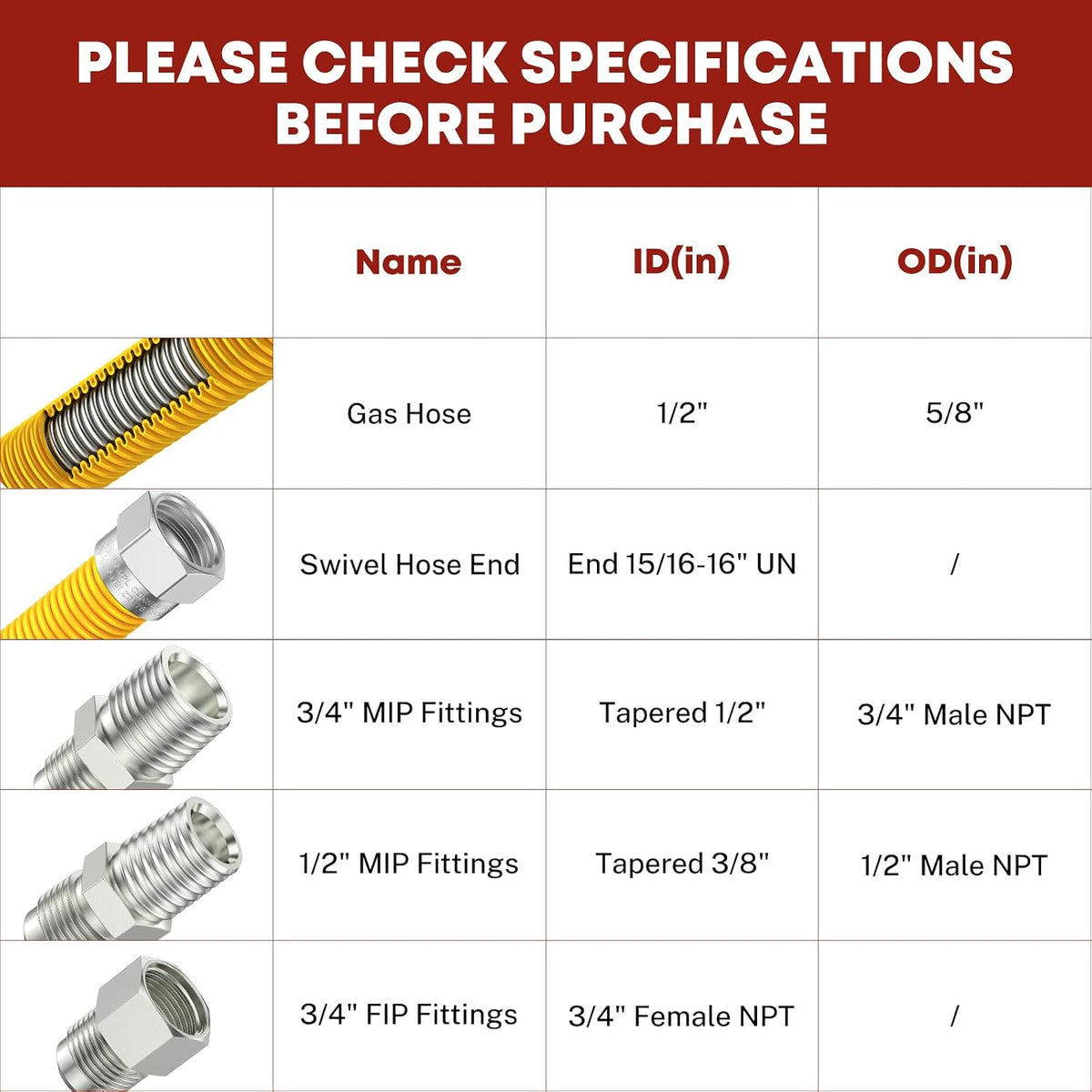 48" Gas Dryer Connector Kit, 5/8" OD 1/2" ID for Dryers Stove Water Heater