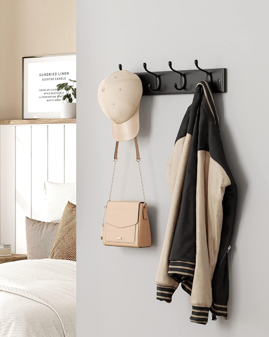 Wall-Mounted Coat Rack, Hook Rack, 4 Dual Metal Hooks