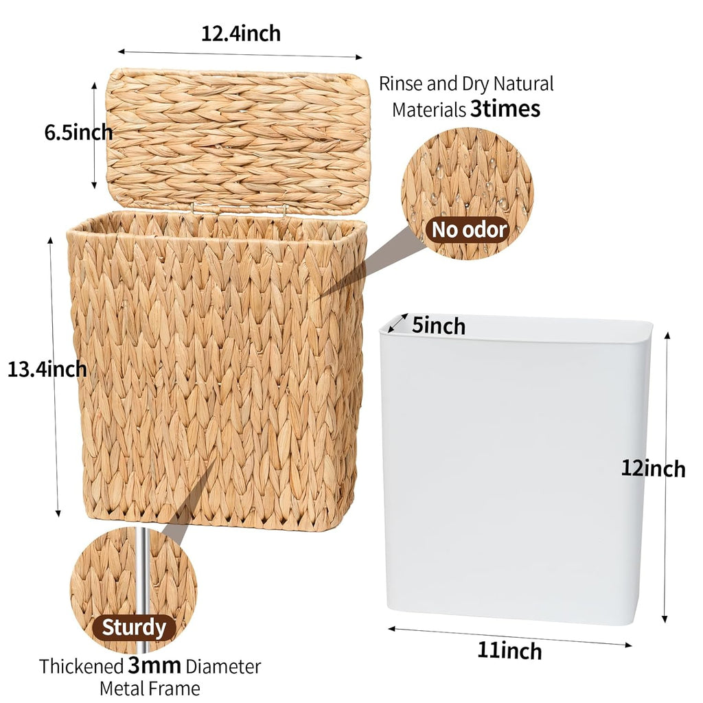 3 Gallon Wicker Trash Can,Small Bathroom Trash Can with Lid,Natural Water Hyacinth Wicker Waste Basket for