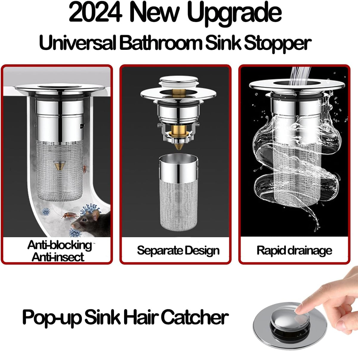 Pop Up Bathroom Sink Drain Strainer Hair Catcher, Sink Drain Stopper with Removable Stainless Steel Filter Basket