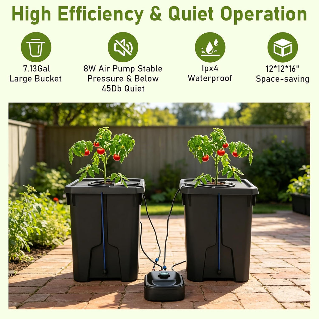 DWC Hydroponics Grow System 7.13 Gal Deep Water Culture Kit Auto Irrigation Sets w/8W 110V Air Pump, Two 12inch