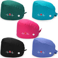 5 Pieces Bouffant Cap with Buttons Unisex Sweatband Adjustable Tie Back Hat
