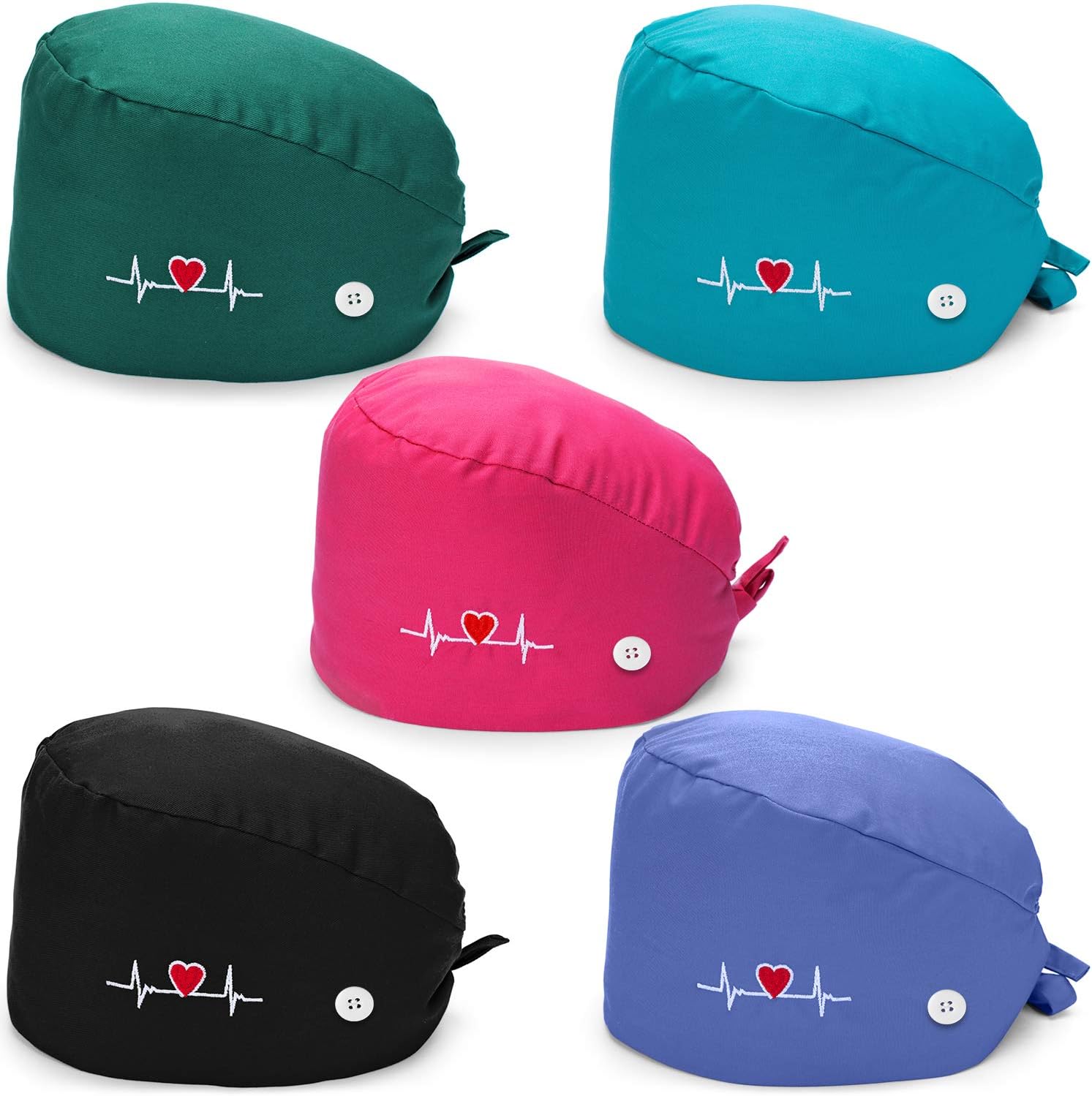 5 Pieces Bouffant Cap with Buttons Unisex Sweatband Adjustable Tie Back Hat