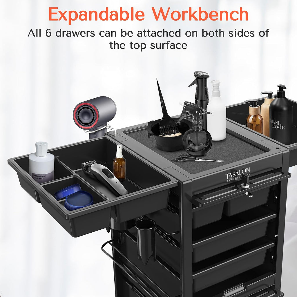 Lockable Salon Trolley, 6-Drawer Rolling Beauty Cart with Tool Holders, Mobile Hair Stylist Station with Locking