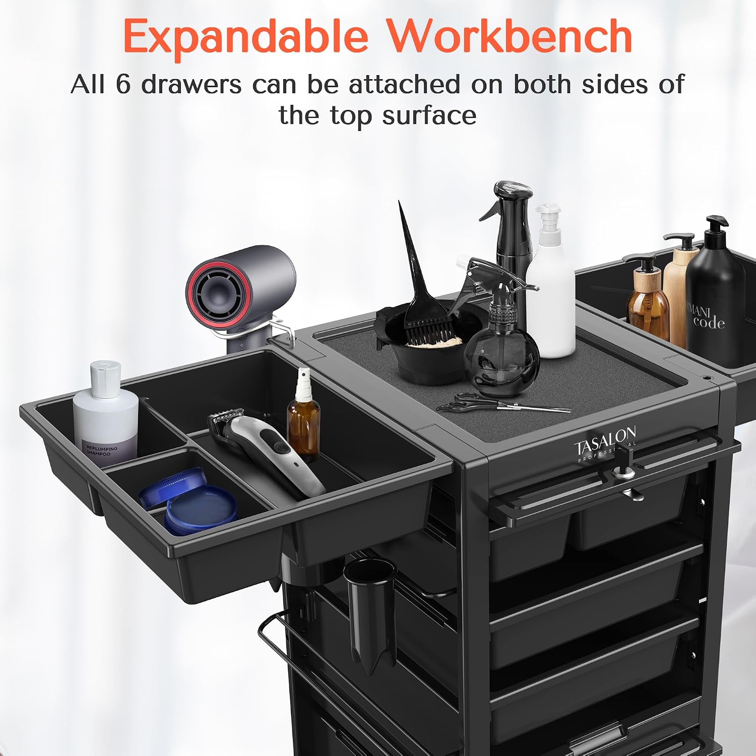 Lockable Salon Trolley, 6-Drawer Rolling Beauty Cart with Tool Holders, Mobile Hair Stylist Station with Locking