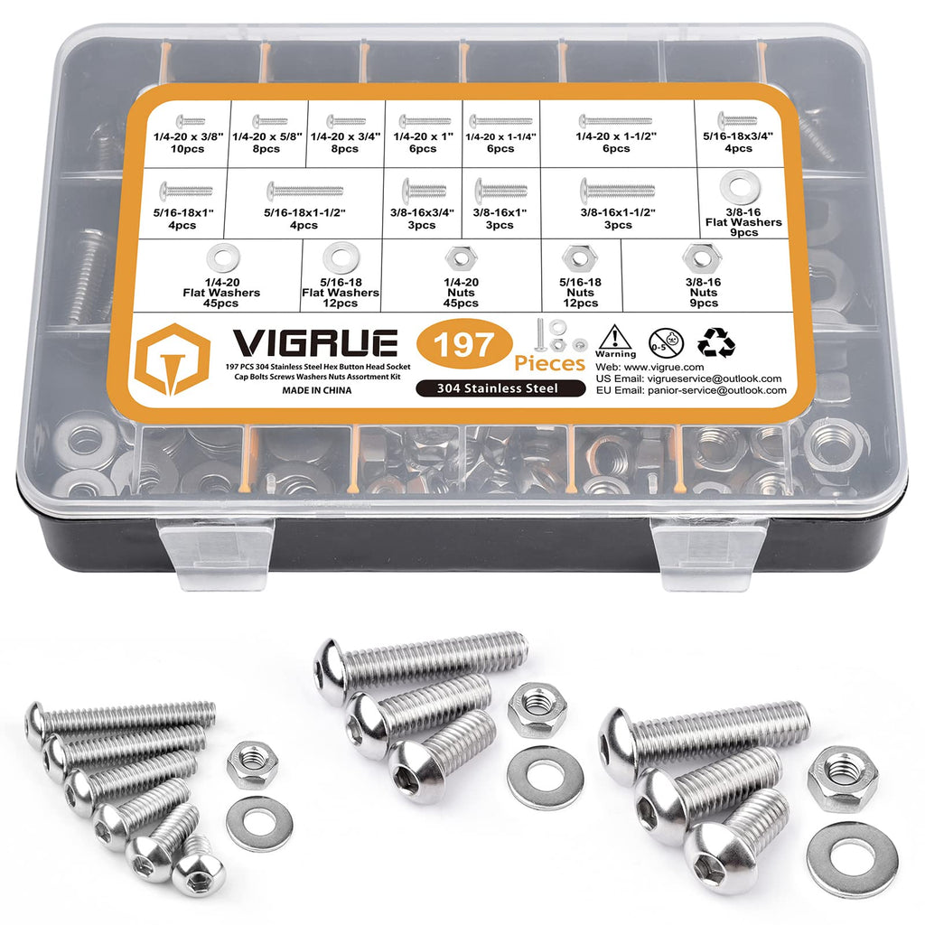 197PCS 1/4-20 5/16-18 3/8-16 Button Head Cap Screw, SAE 12 Sizes Hex Cap Bolts Flat Washers Nuts Assortment Kit
