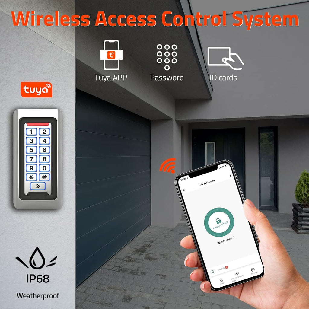Wireless WiFi Access Control Keypad, Metal Stand-Alone Door Access Control | ID Card Reader, Weatherproof, Backlight