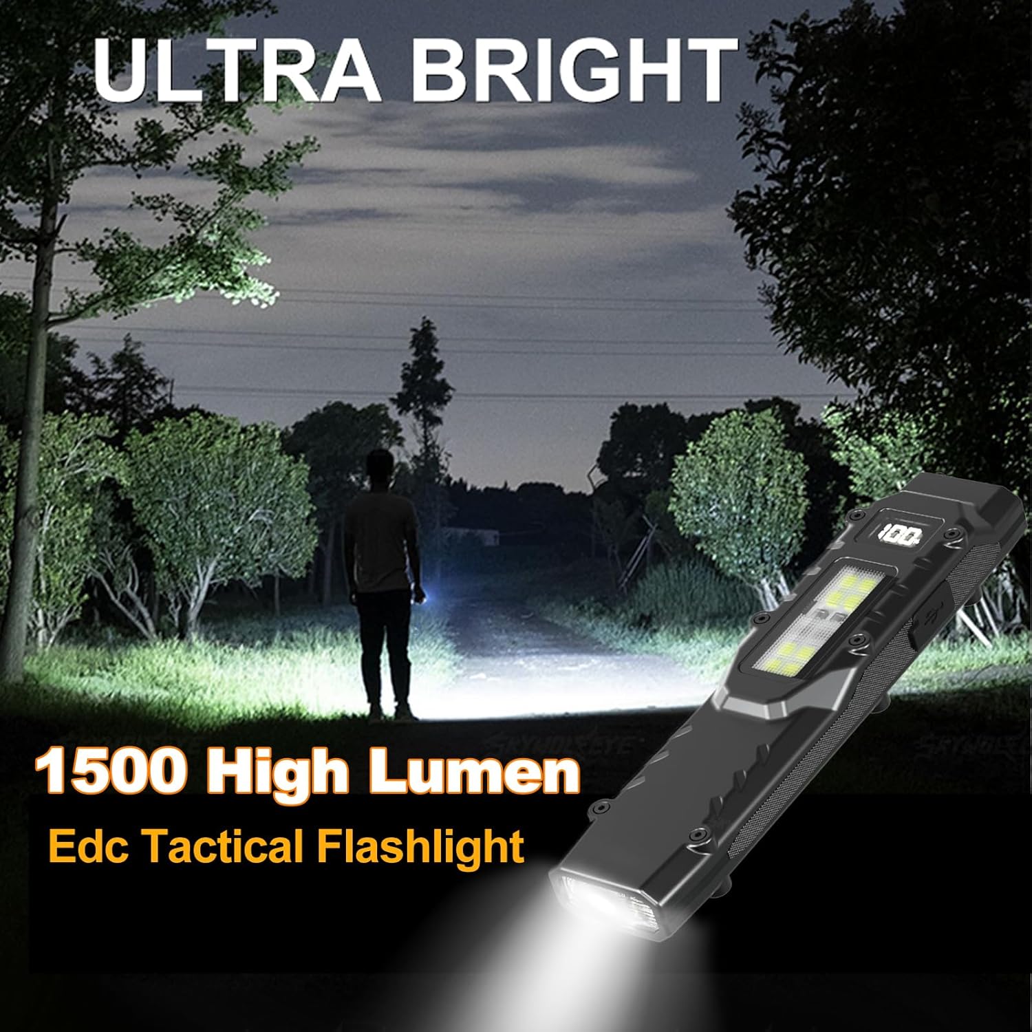 Tactical Flashlight, High Lumens EDC Flashlight with Digital Display, USB-C Rechargeable Flat Flashlight, Dual