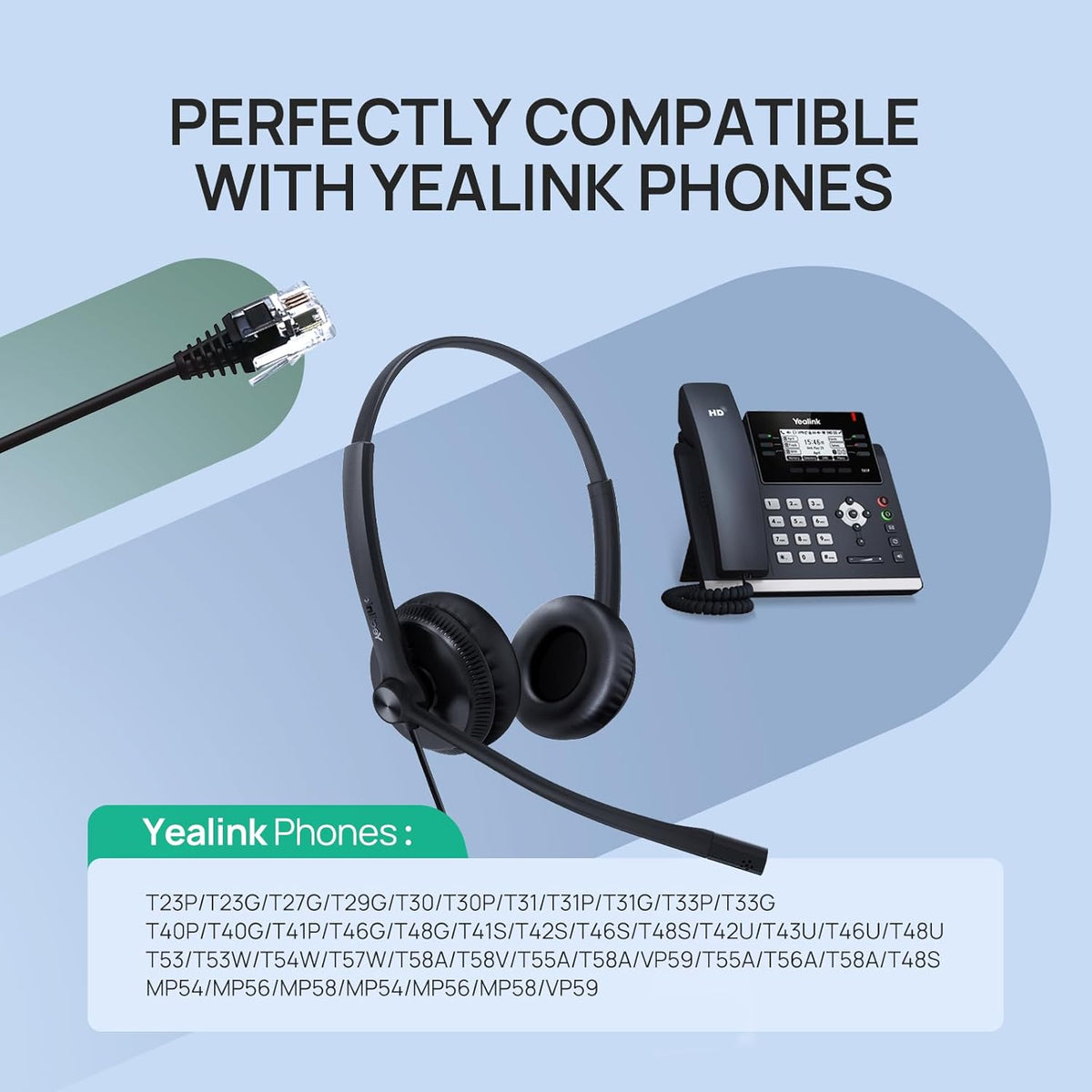 Phone Headsets for Office Phones YHS34 QD to RJ9 Wired Headset | Leather ear pads,Compatible with Poly Snom Phones