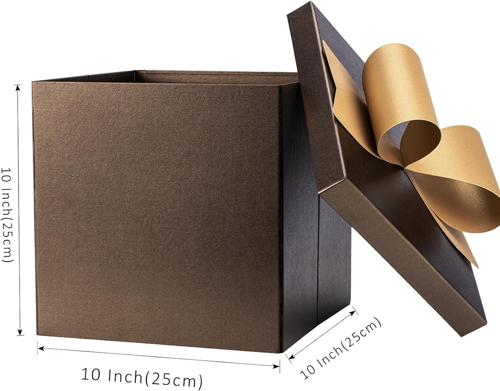 Large Brown Gift Boxes with Lids, 10x10x10 Inch Foldable Design