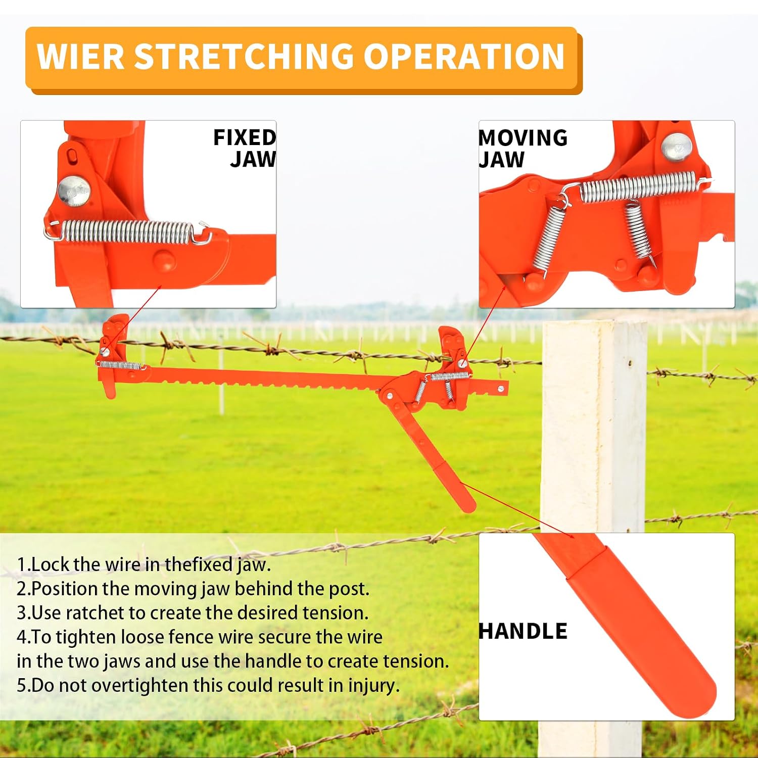 Heavy Duty Carbon Steel Fence Stretcher Tool, All Purpose Wire Tensioner for Barbed & Smooth Wire Fence, Fence Fixer