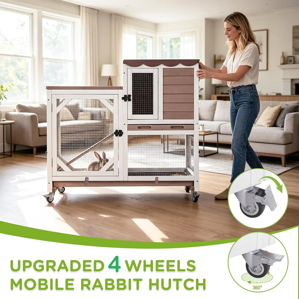2-Story Rabbit Hutch with Chew-Proof Ramp & Leak-Proof Trays - Indoor/Outdoor 39.3" Wooden Rabbit Cage with Wheels