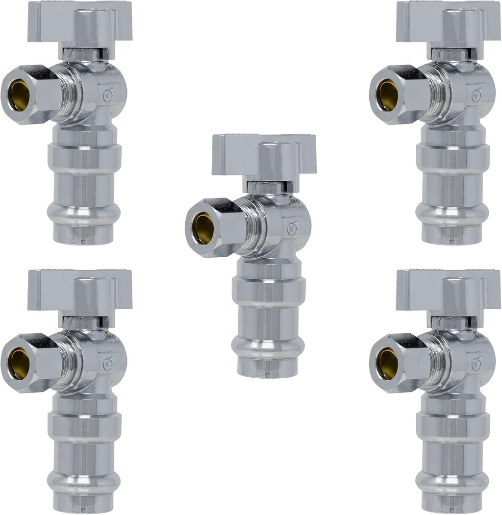 Angle Stop Valve, 1/2" Press x 3/8" COMP, 5 Pack