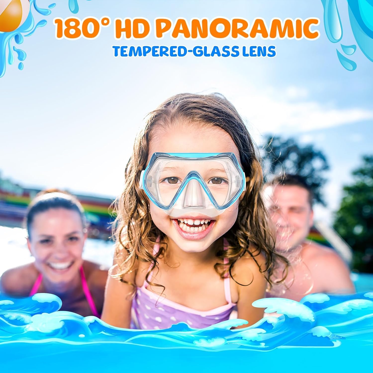 Kids Swim Goggles, Swimming Snorkel Diving Mask with Nose Cover for Youth 6-14 Tempered-Glass Panoramic View