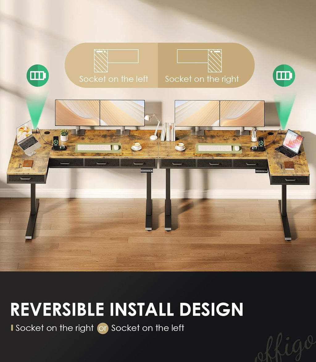 63 Inch L Shaped Electric Standing Desk with Drawers, Height Adjustable Large Desk with Power Outlets, Sit Stand