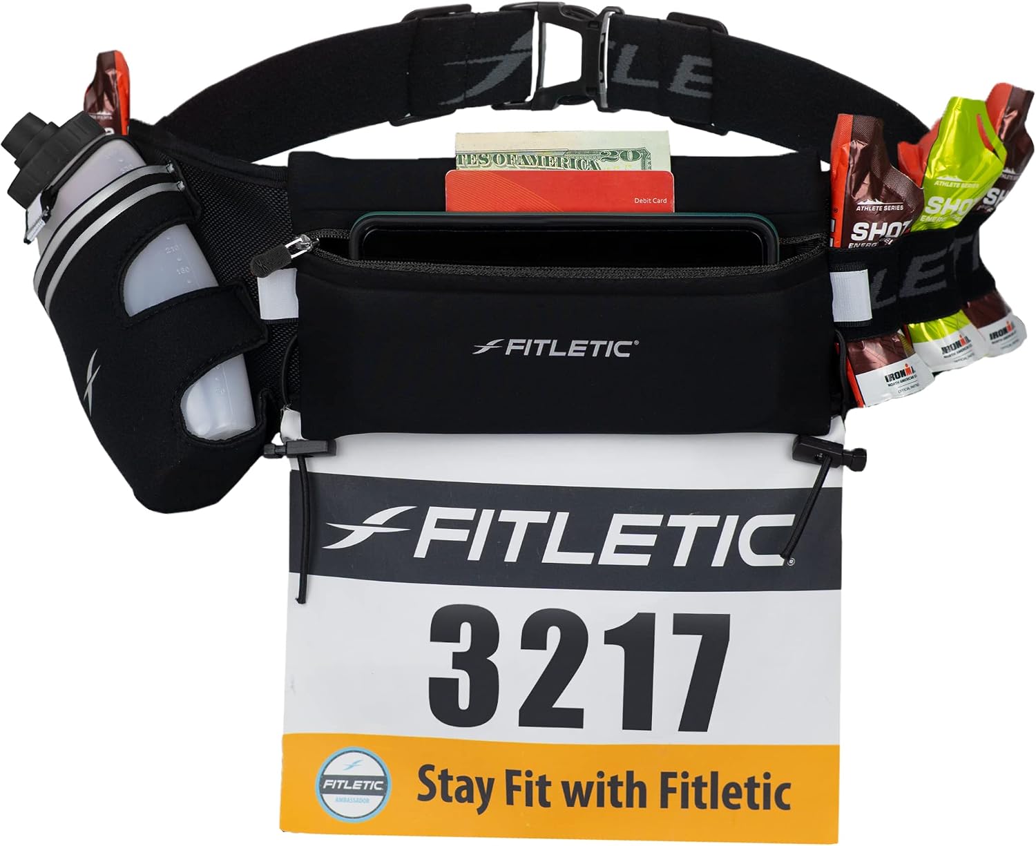 Hydration Running Belt With 12oz Quick Flow Water Bottle For Men & Women –Race Belt, Gel Holder & Bib Toggles