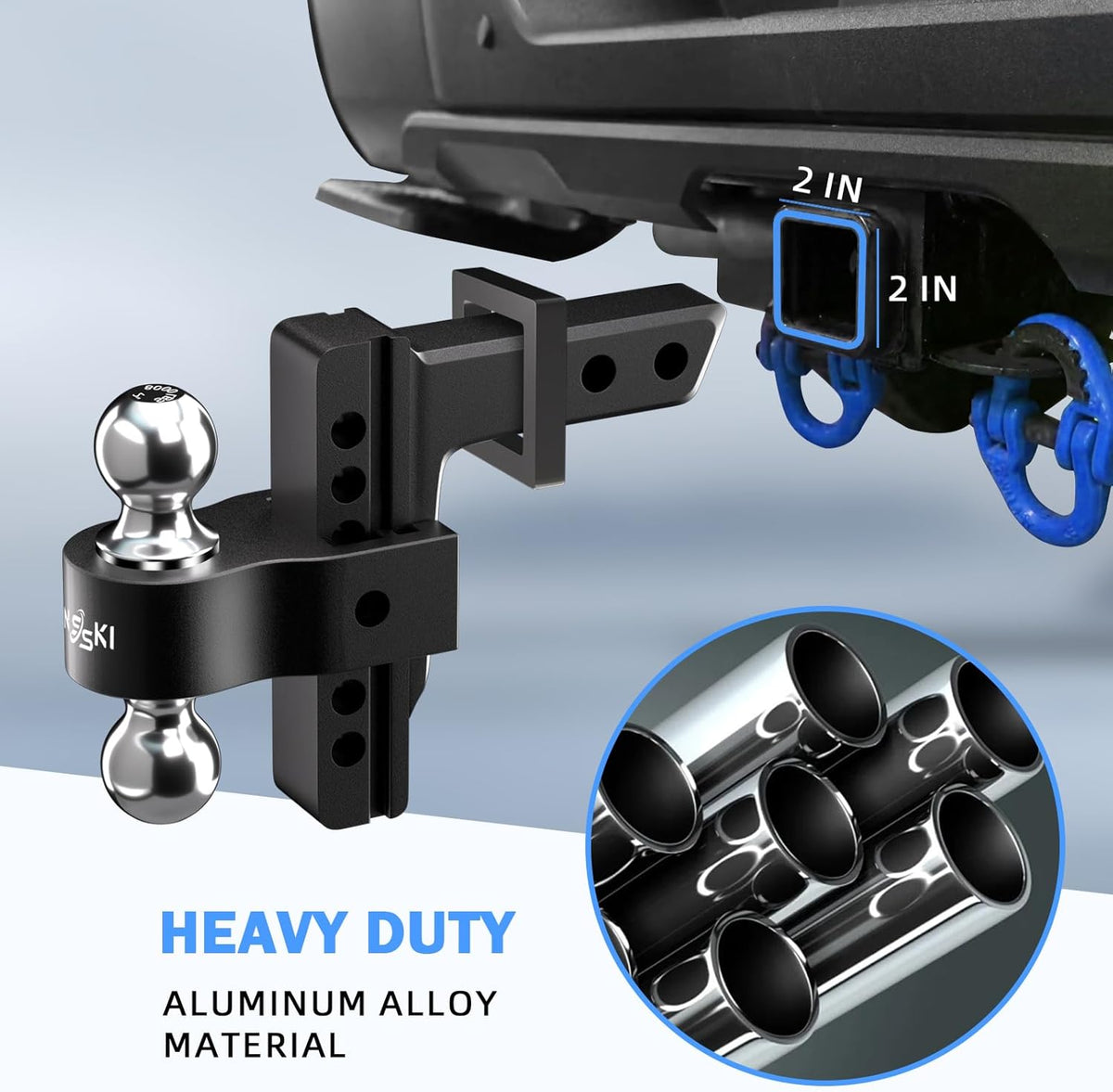 Adjustable Trailer Truck Drop Hitch - Fits 2 Inch Receiver Only, 6 Inch Drop Dual Ball Mount 2" and 2-5/16" Up to