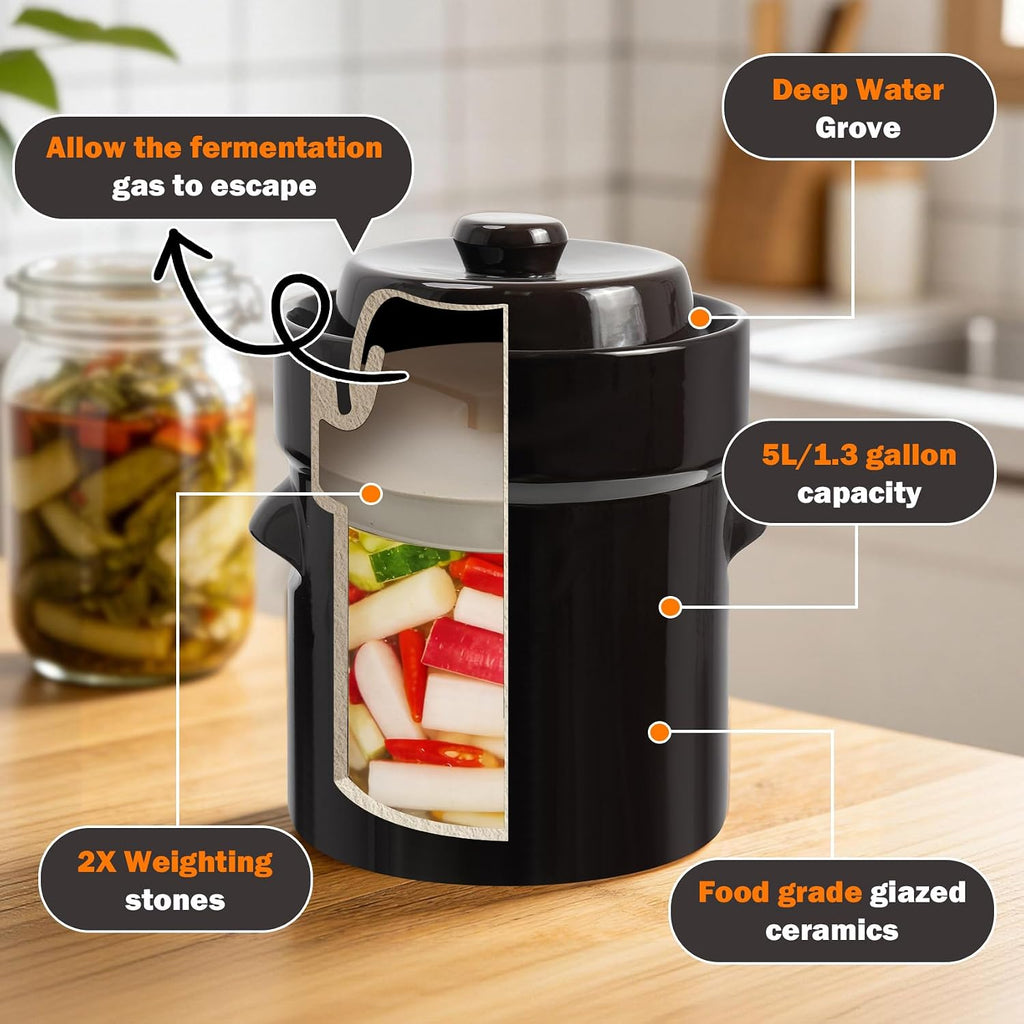 Fermentation Crock Jar 1.3 Gallon for Sauerkraut Pickling Kimchi | 5 Liter, Stoneware Pot, Fermenting, Pickles