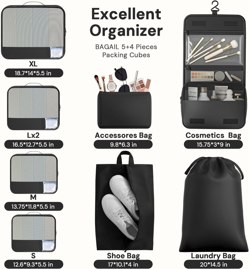 9 Set Packing Cubes with Packing List Luggage Packing Organizers for Travel Accessories (Black)