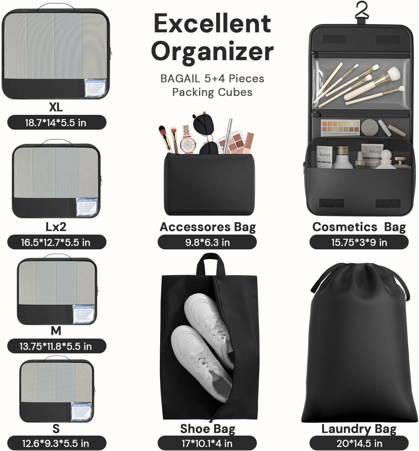 9 Set Packing Cubes with Packing List Luggage Packing Organizers for Travel Accessories (Black)