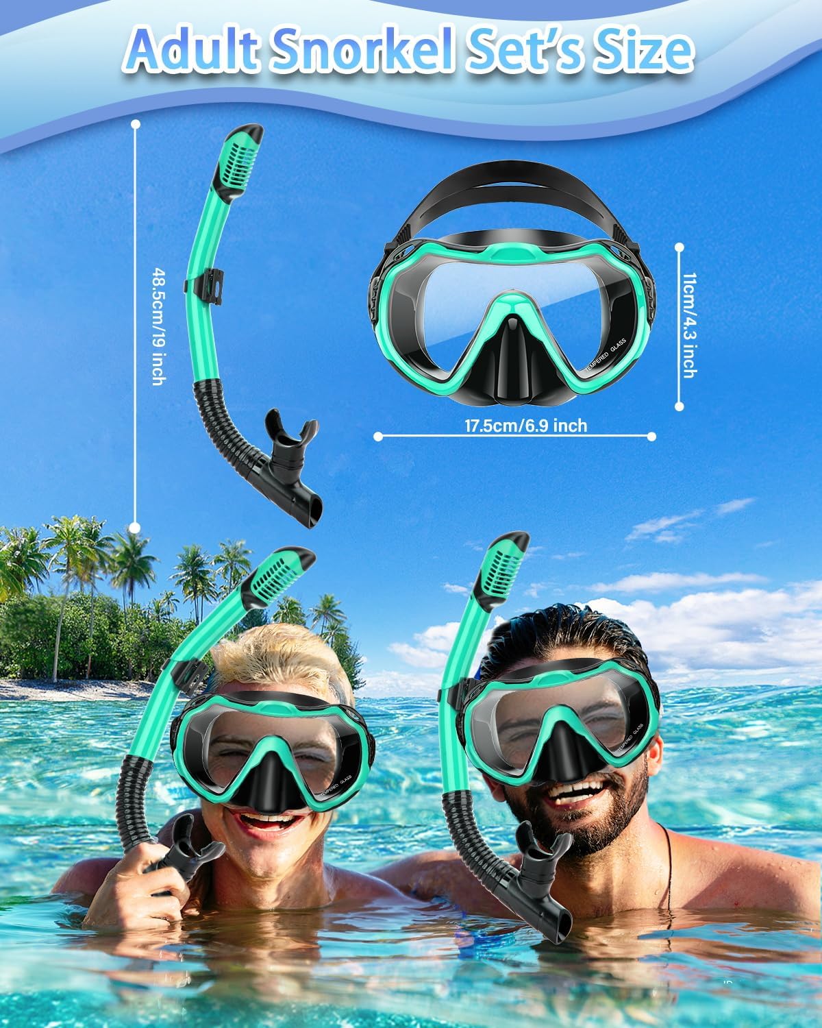 Snorkeling Gear for Adults, Adult Snorkel Set with Panoramic Anti-Leak and Anti-Fog Tempered Glass Snorkel Mask, Dry