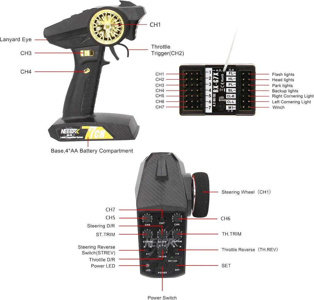 7 Channels RC Transmitter with Receiver Built-in Light Control System and 12LED Light Set, 2.4GHz Radio Remote