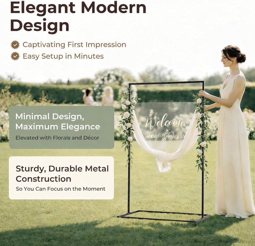 Wedding Welcome Sign Stand, 50" Standard Height - Black Metal Sign Holder with 6 Leather Straps, Easel Stand for