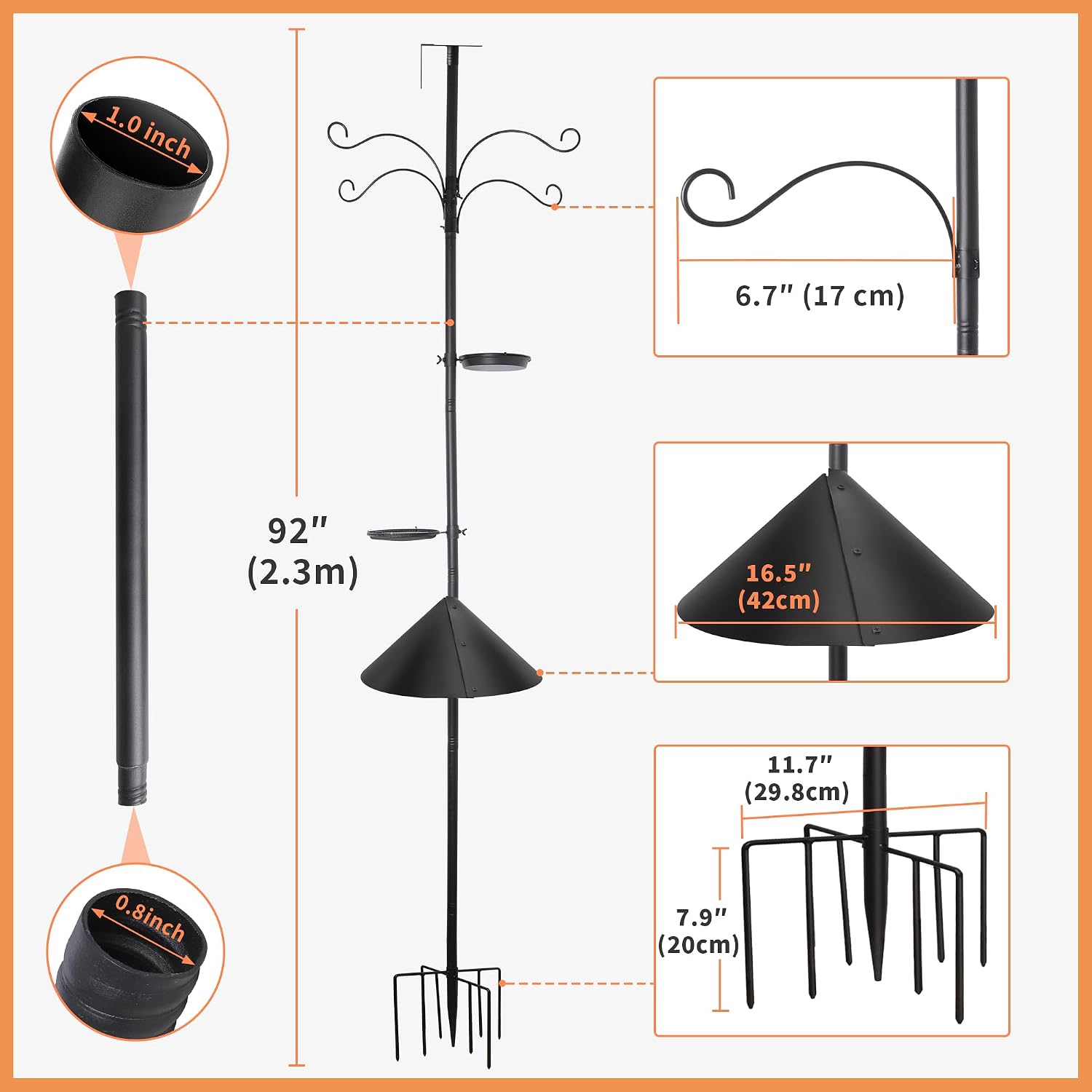 92 Inch Squirrel Proof Bird Feeder Pole with 9 Prongs Base, 1 Inch Dia Bird House Pole, Heavy Duty Bird Feeder Stand