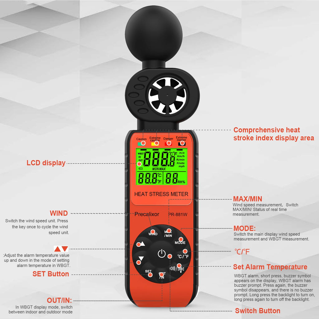 Heat Stress Meter Anemometer, Wet Bulb Globe Thermometer Wind Speed Meter