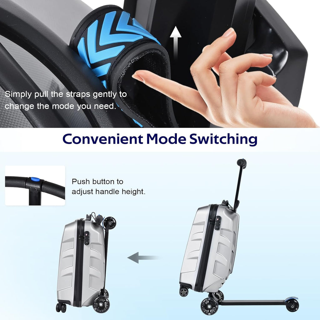 Scooter Suitcase for Kids & Adults，3-D Hardshell Ride On Scooter Luggage with Led Light Up Wheels，TSA
