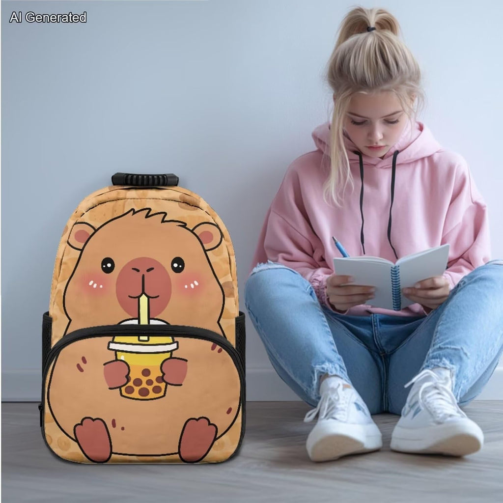 Capybara Pearl Milk Tea 4pcs School Bag Set School Backpack for Kids 8-12 Girls and Lunch Bag Box Bookbag with