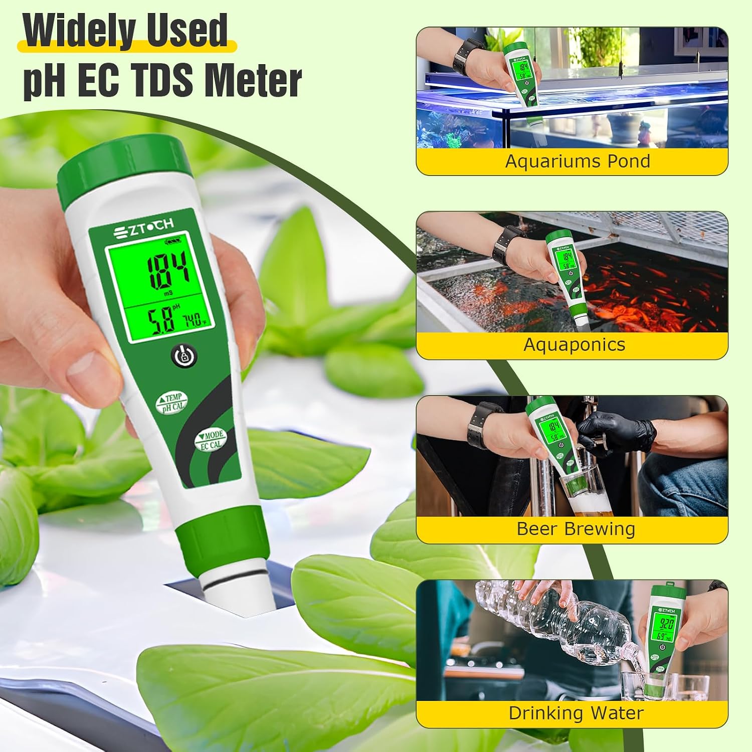 Hydroponic pH EC Meter, Water pH TDS PPM Meter