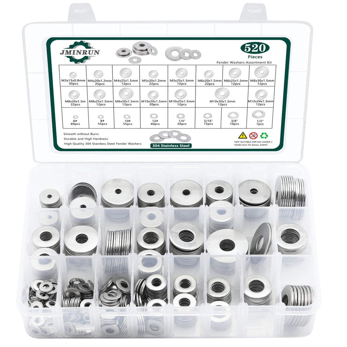 Fender Washers, 520 Pcs SAE + Metric 23 Sizes Flat Washers Assortment Set, 304 Stainless Steel Assorted Hardware
