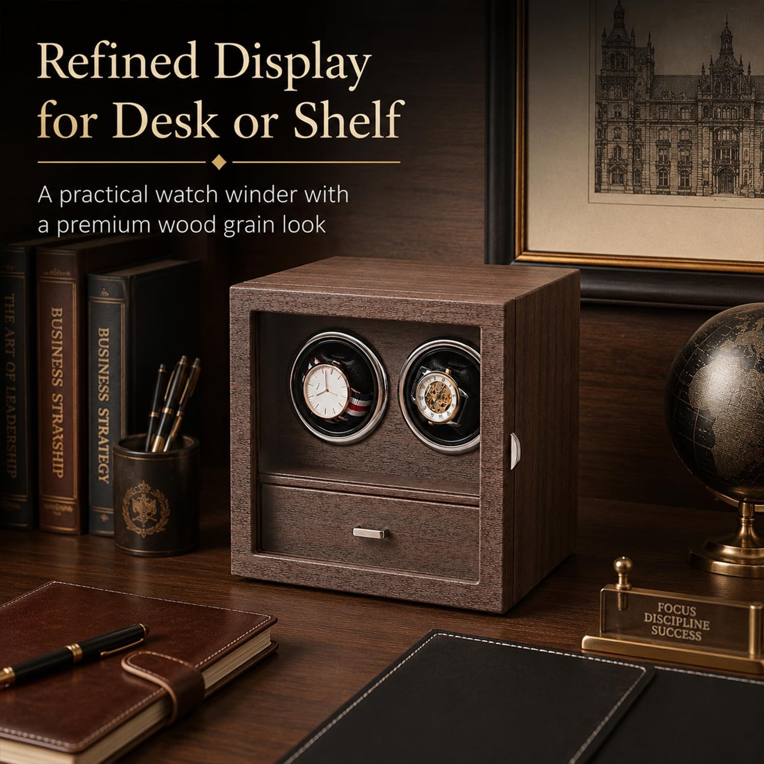 Automatic Watch Winder for Men and Women, Dual Watch Winder with Quiet Motor, Wood Grain Case with Glass Door, Ideal