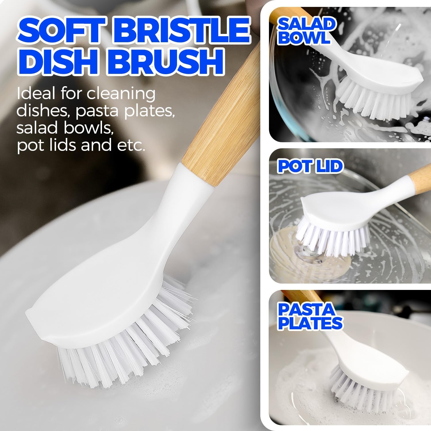 3 Pack Dish Brush Set with Bamboo Handle, Kitchen Brushes for Cleaning Pot, Sink and Stove, Skillet Scrubber with
