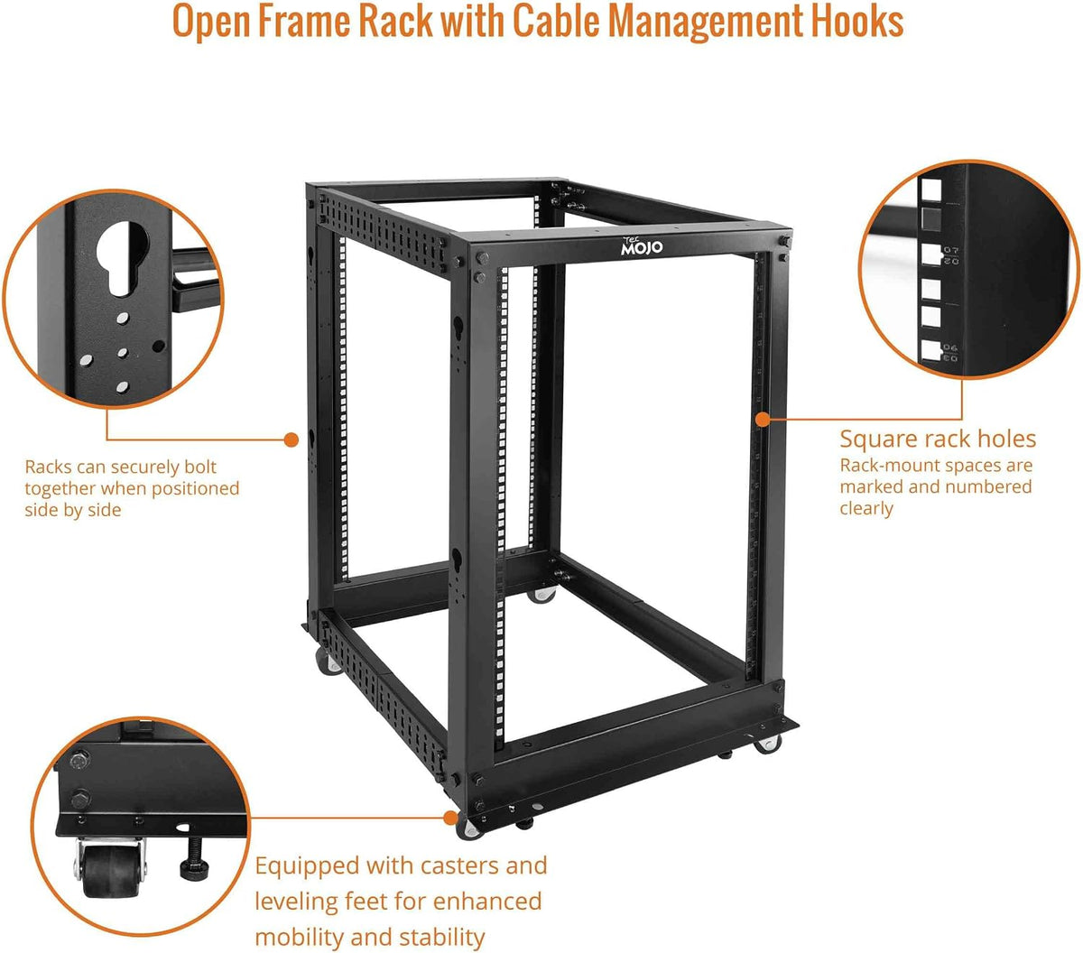 Tecmojo 15U Open Frame Server Rack,4-Post Adjustable Depth Rolling Network Rack for Computer/Data/AV/IT/Servers,Mobile Type