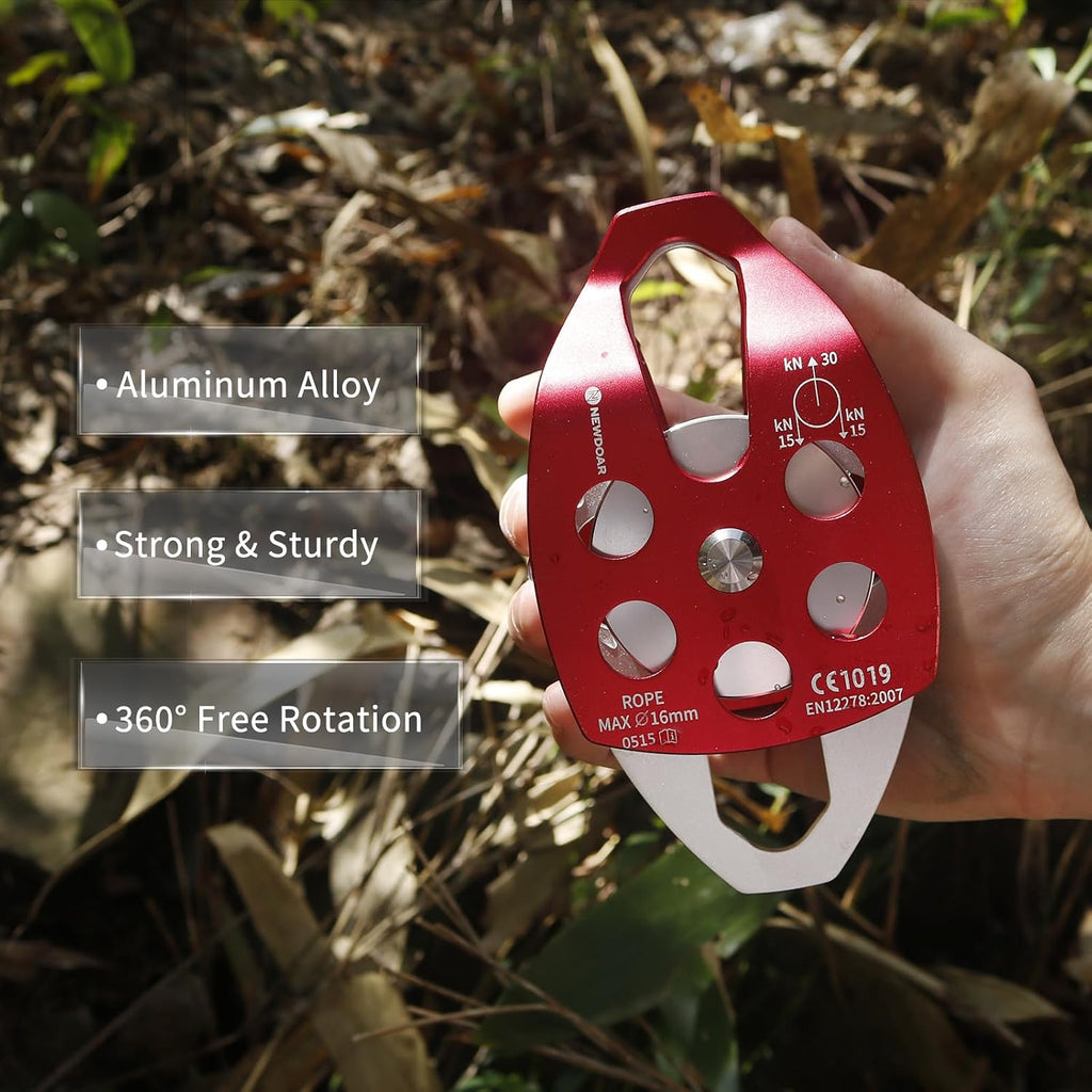 NewDoar CE Certified 30KN Large Rescue Single/Double Pulley with Swing Plate