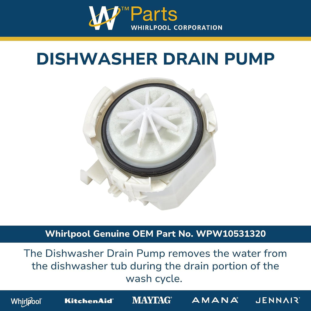 WPW10531320 Genuine OEM Dishwasher Drain Pump for Whirlpool, Kenmore, KitchenAid, Maytag - Replaces W10314713