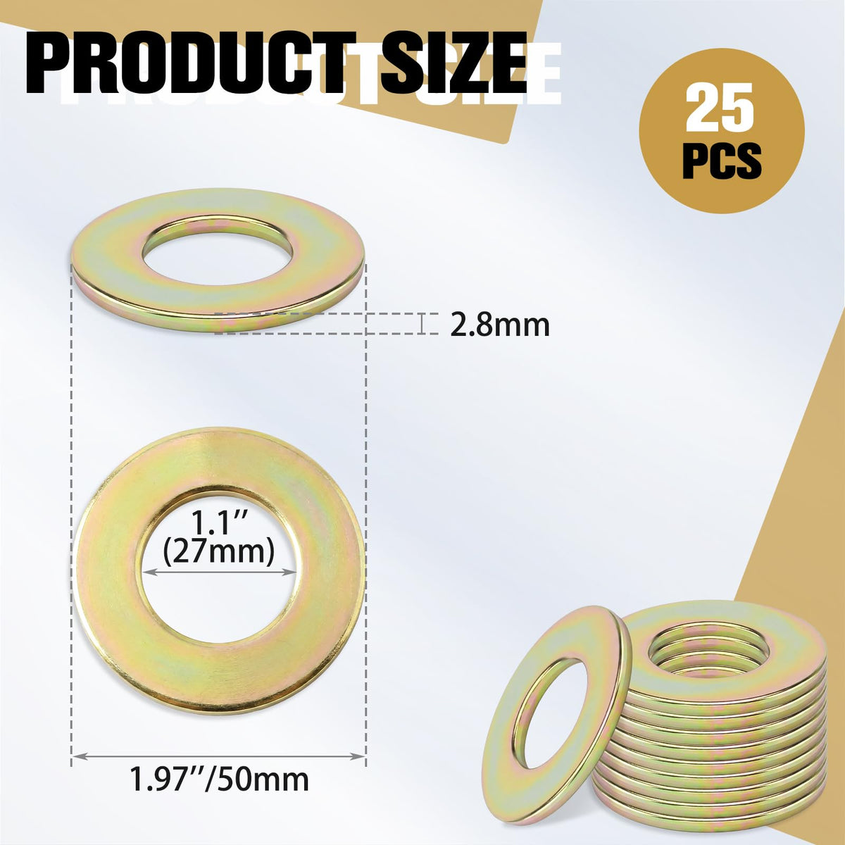25 Pcs 1 Inch Grade 8 Flat Washer Alloy Steel Yellow Zin